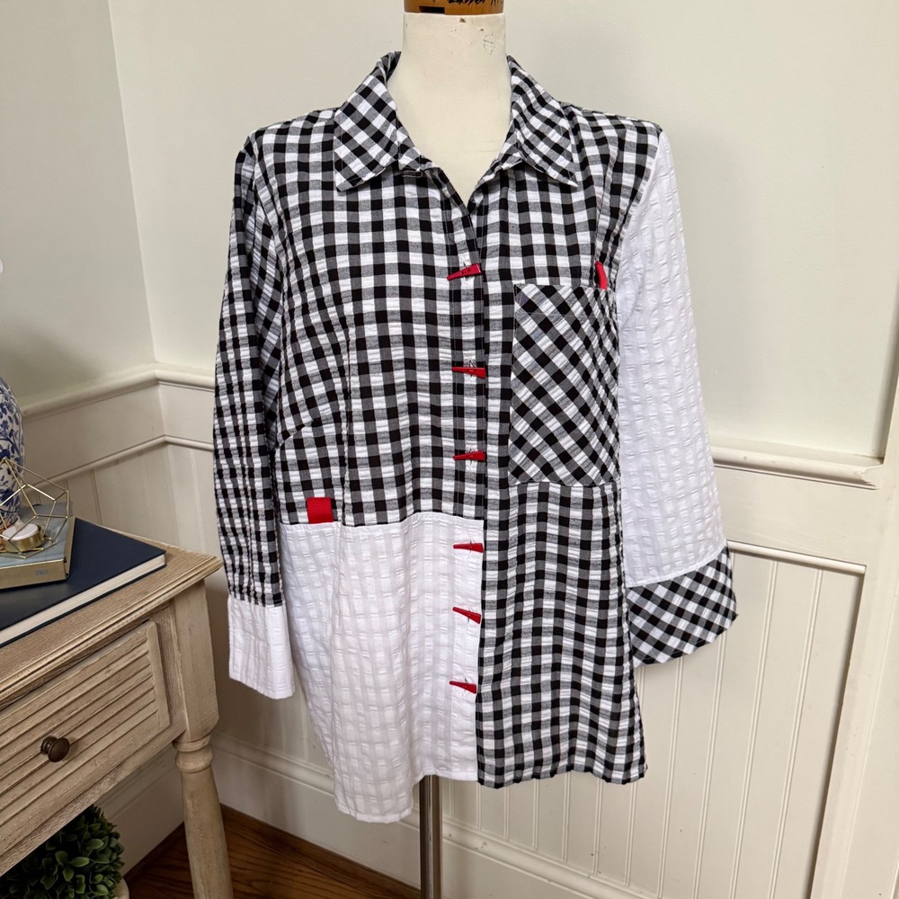 Ali Miles Womens 1X Gingham Patchwork Tunic Blouse Black White Red Toggle Button